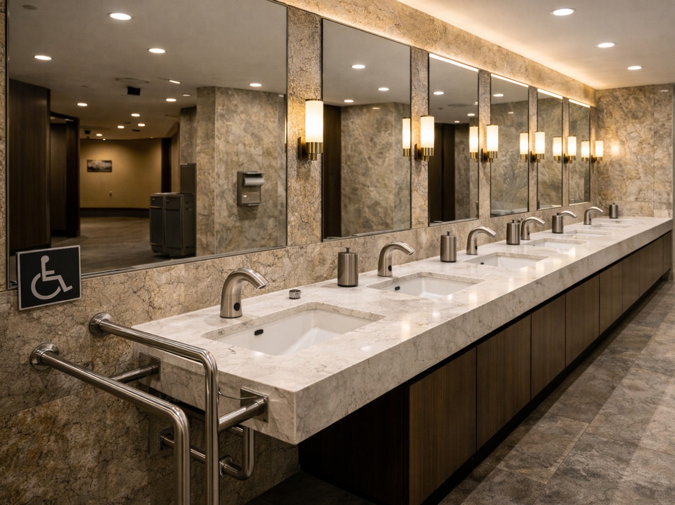 University stadium restrooms with touchless fixtures